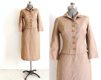 1950s Skirt Suit / 50s Suit / 1950s Tan Beige Sand Silk Suit