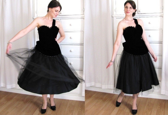 50s Dress / One Shoulder Dress / 1950s Black Velve