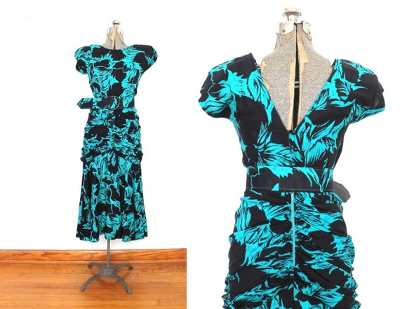 80s Does 1940s Dress / 1980s 40s Style Turquoise … - image 1