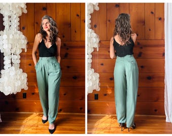 Pantalones de talle alto azul verdoso de los años 80 / Pantalones de rayón de los 80