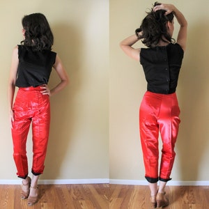 1950s Satin Capri Pants / 1950s Hollywood High Waist Red Satin 50s Capri Pants / 50s Cigarette Pants