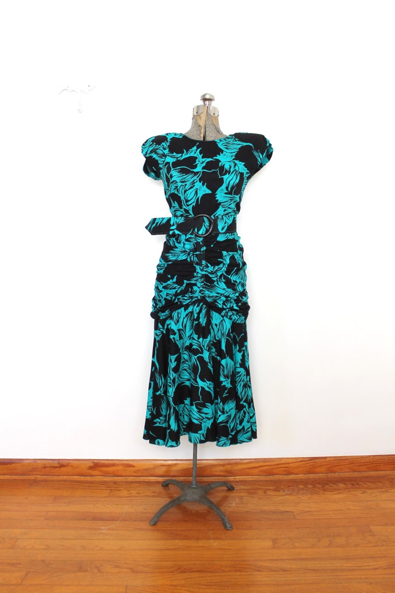80s Does 1940s Dress 1980s 40s Style Turquoise and Black Rayon Floral Dress