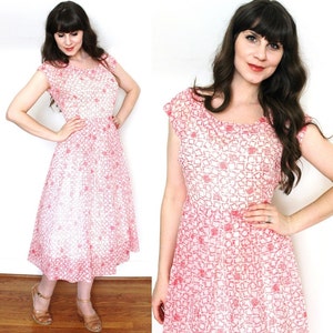50s Dress / 1950s Geometric Print Pink Sheer Nylon Dress
