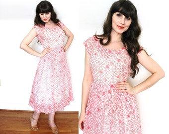 50s Dress / 1950s Geometric Print Pink Sheer Nylon Dress