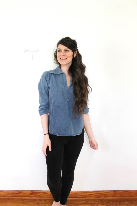 70s Denim Blouse / 1970s Blue Denim Boho Tunic - image 2