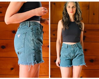 Vintage 1990s Green Denim Shorts / 90s Cutoff Shorts