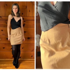 Vintage Mini Skirt / 1980s Vintage Mini Skirt / 80s Tan Wool High Waist Mini Skirt