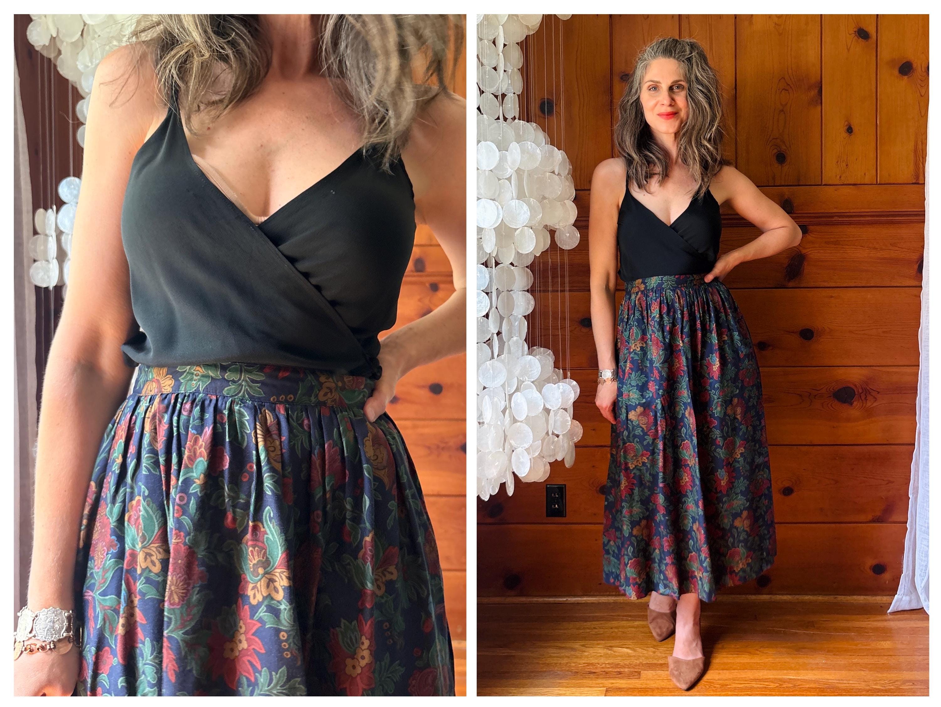 Vintage Midi Rock Dunkelblau Blumenmuster / 1990s Midi Rock Marineblau