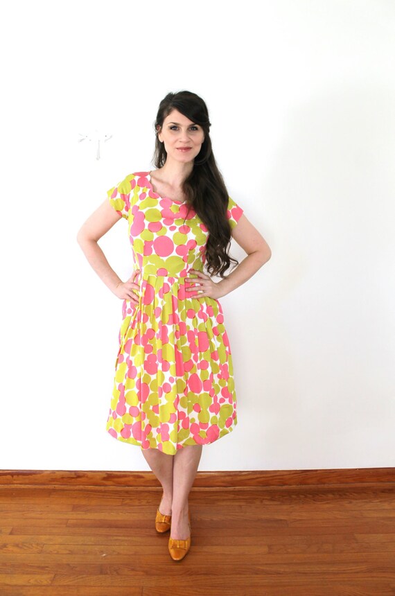 50s Dress / 1950s Pink and Chartreuse Bubble Polk… - image 3
