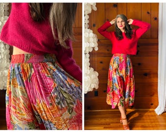 Vintage Floral Midi Skirt / 1990s Sheer Bright Floral Boho Skirt