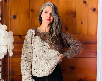 80s Sweater / Vintage 1980s Tan Beige Brown Boucle Wool Angora Knit Sweater