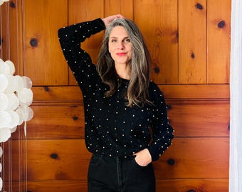 1980s Black Beaded Wool Sweater / 80s Lambswool Gold Beaded Black Sweater