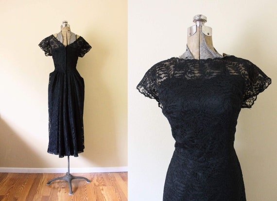 1950s Illusion Neckline Dress / 1950s Black Dress