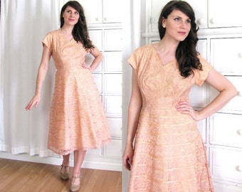 50s Dress / 50s Lace Dress / Blush Pink Dress