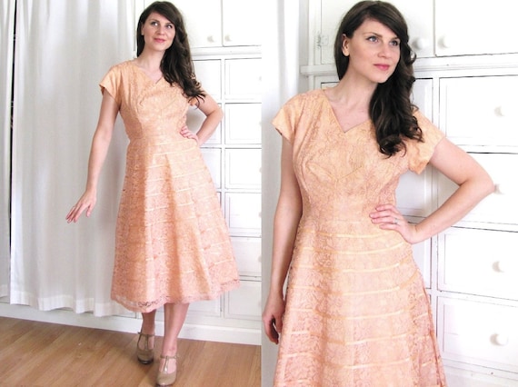50s Dress / 50s Lace Dress / Blush Pink Dress