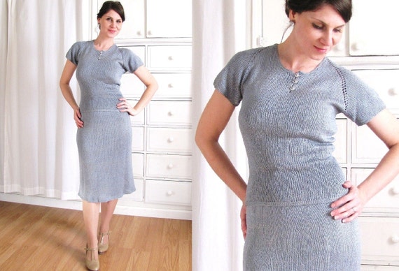 1940s Dress / 40s Knit Dress / Dusty Blue Dress