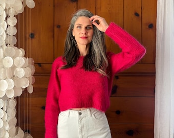 1980s Pink Cropped Sweater / 80s 90s Pink Cropped Wool Knit Sweater