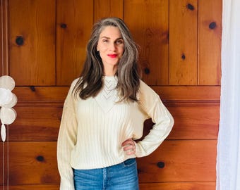 1970s Pointelle Knit Sweater / 70s Vintage Creamy White Sweater