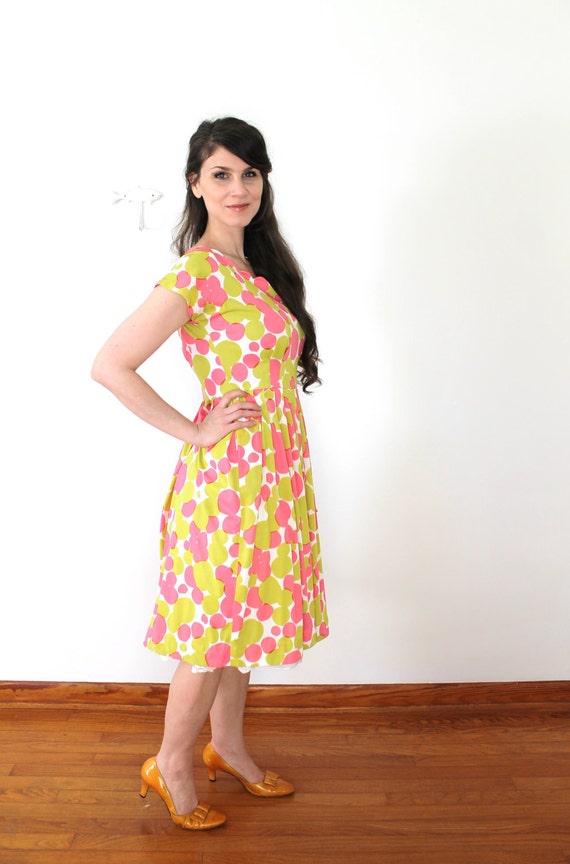 50s Dress / 1950s Pink and Chartreuse Bubble Polk… - image 4