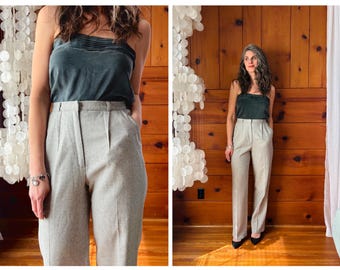 1970s Gray Herringbone Wool Trousers / 70s High Rise Boot Cut Peated Slacks Pants