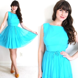 60s Dress / 1960s Dress / 1960s Turquoise Chiffon Party Dress