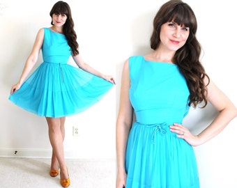 60s Dress / 1960s Dress / 1960s Turquoise Chiffon Party Dress