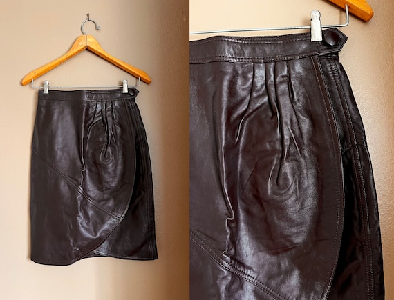 1980s Brown Leather Skirt / 80s Wrap Leather Skir… - image 1