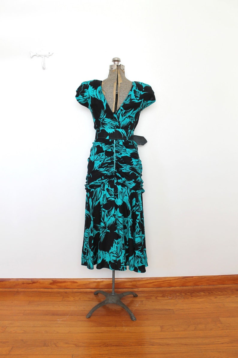 80s Does 1940s Dress 1980s 40s Style Turquoise and Black Rayon Floral Dress