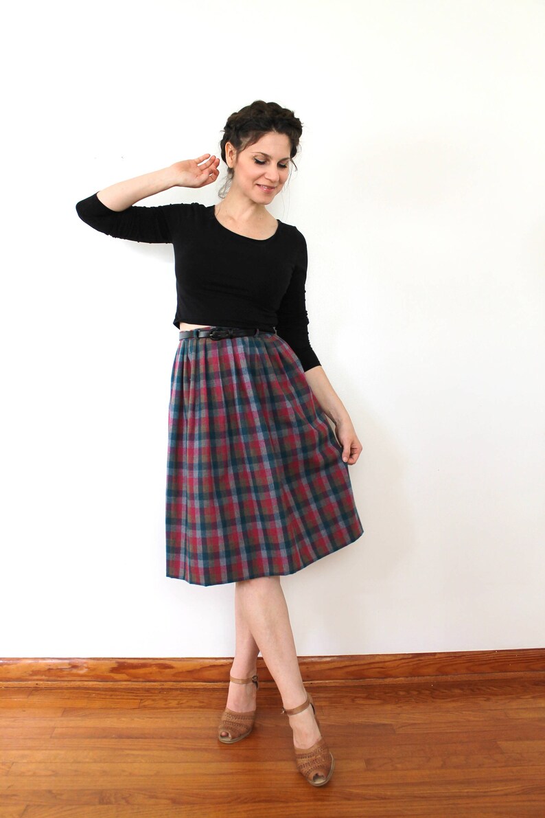 Plaid Wool Skirt 1980s Skirt 80s Skirt 1980s High Waist Colorful Plaid Wool Skirt