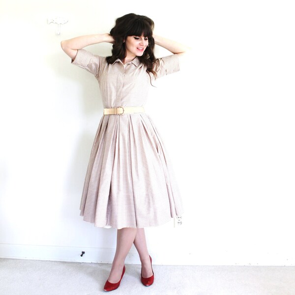 1950er Jahre Kleid / 50er Jahre Tan volle umgangen karierte Kleid