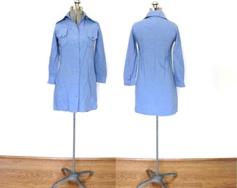 1970s Mini Dress / 70s Chambray Blue Western Mini Dress