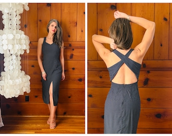 1990s Crossback Dress / 90s Navy Blue Polka Dot Bare Back Crossback Midi Slit Dress