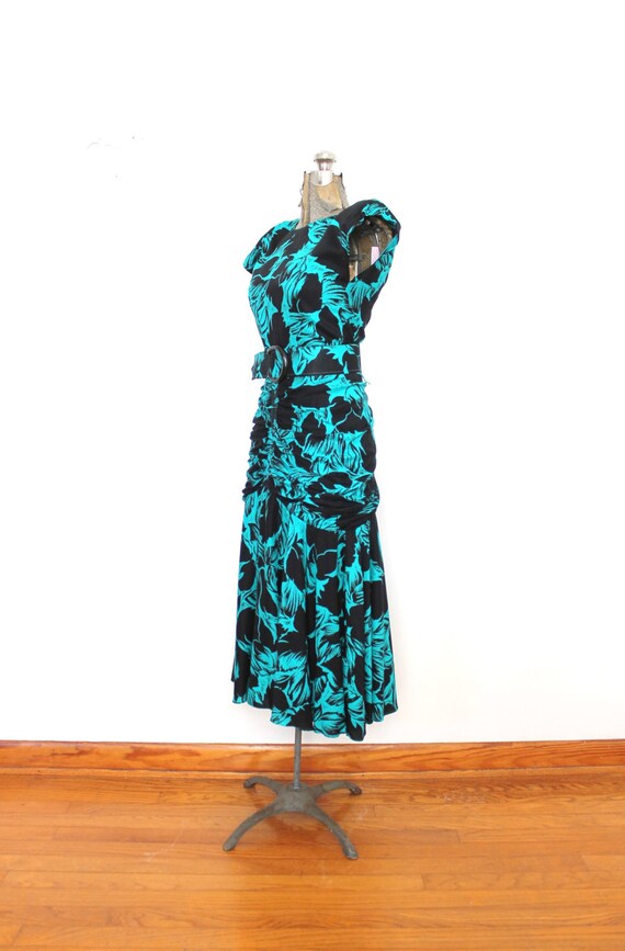 80s Does 1940s Dress / 1980s 40s Style Turquoise … - image 3