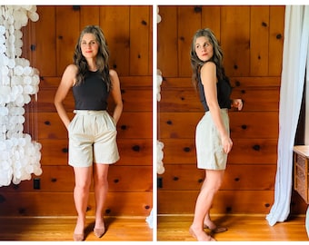 1990s Khaki Shorts / 90s High Rise Khaki Pleated Bermuda Shorts