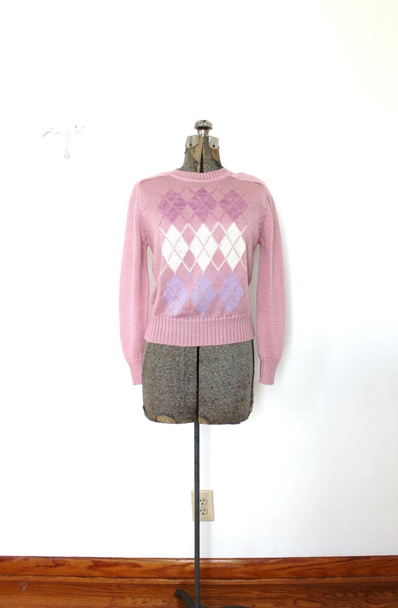 Vintage Argyle Sweater / 1980s Rose Pink Knit Argy