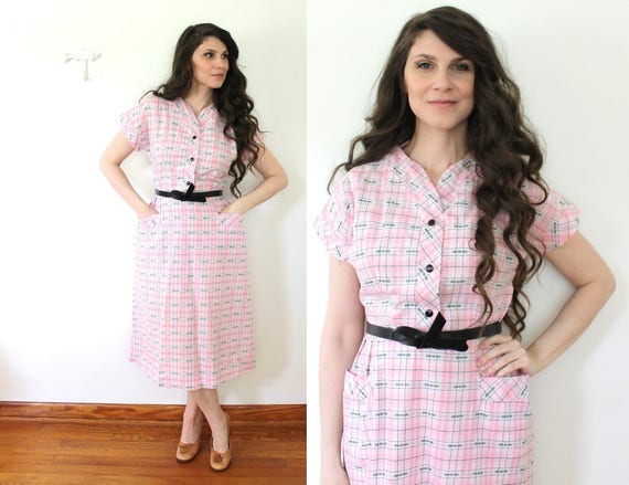 Pink 50s Plaid Dress / 1950s Plaid Princess Peggy