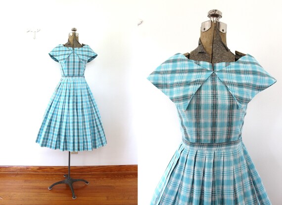 1950s Plaid Dress / 50s Dress / 1950s 50s Blue Pla