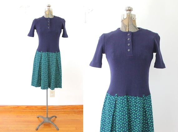 60s Scooter Dress / 1960s Blue Paisley Knit Mini … - image 1