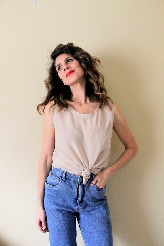 1990s Beige Silk Tank / 90s 1990s Beige Taupe Ligh