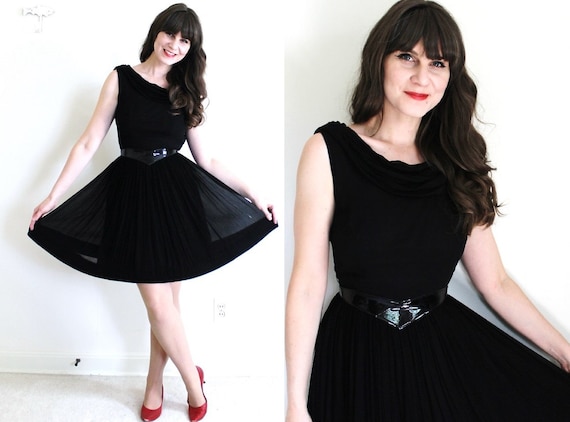 1950s Dress / 50s Dress / 50s 60s Black Chiffon Co