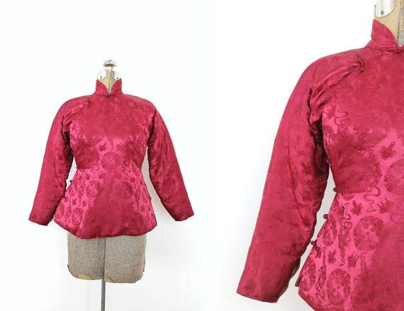 1940s Brocade Jacket / 1940s 40s Cranberry Red Asi