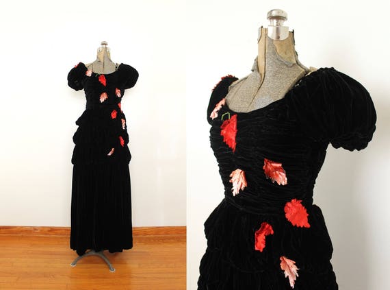 1940s Black Velvet Gown / 40s Jet Black Rayon Velv