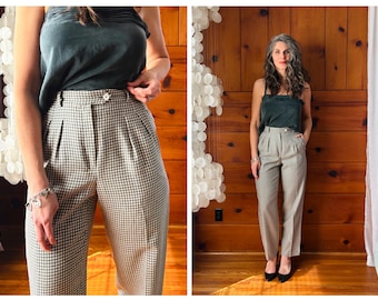 1980s Gingham Checked Wool Trousers / 80s Vintage Wool Slacks