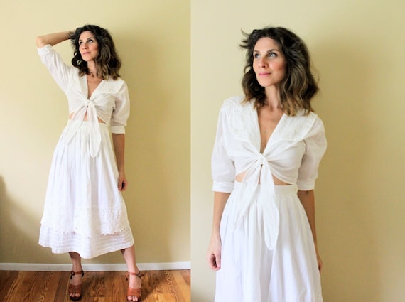 1980s Crop Top and Skirt Set / 1980s White Dress S