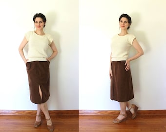 Vintage Vegan Suede Skirt / 1970s Vegan Faux Suede Skirt / 70s Skirt / 1970s Brown High Waisted Faux Suede Boho Skirt