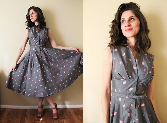 1950s Dress / 50s Dress / 1950s Gray and Pink Polk