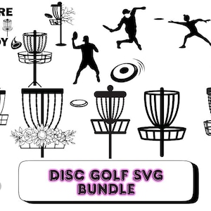 Puede incluir: Paquete SVG de temática de disc golf en blanco y negro. Incluye ilustraciones de cestas de disc golf, discos voladores y jugadores en acción. El texto incluye "Future Disc Golf Buddy" y "Disc Golf SVG Bundle".