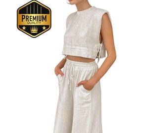 Damen Baumwoll-Leinen Set: 2-Teiliges Sommer Outfit bestehend aus Crop Top & Hose, lässiges Urlaubs Matching Set