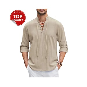 Mens cotton renaissance peasant long sleeve shirt, Medieval Viking Shirt Halloween Cosplay Outfit