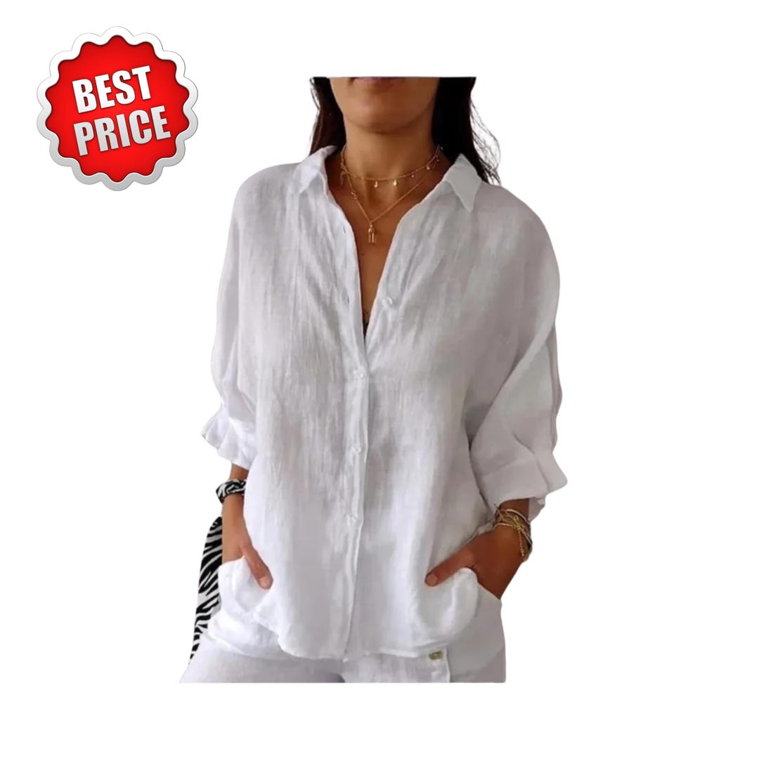 Women Cotton Linen Shirt Loose Casual Blouse Half Sleeve Button Top ...
